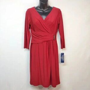 Chaps Women's Burgundy Faux Wrap V-Neck Stretch Dress Size PM NWT